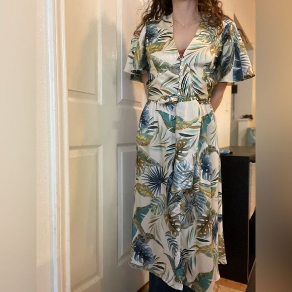 Petersyn Tayla Tropical Satin Belted Midi Dress Size Medium - Picture 4 of 6